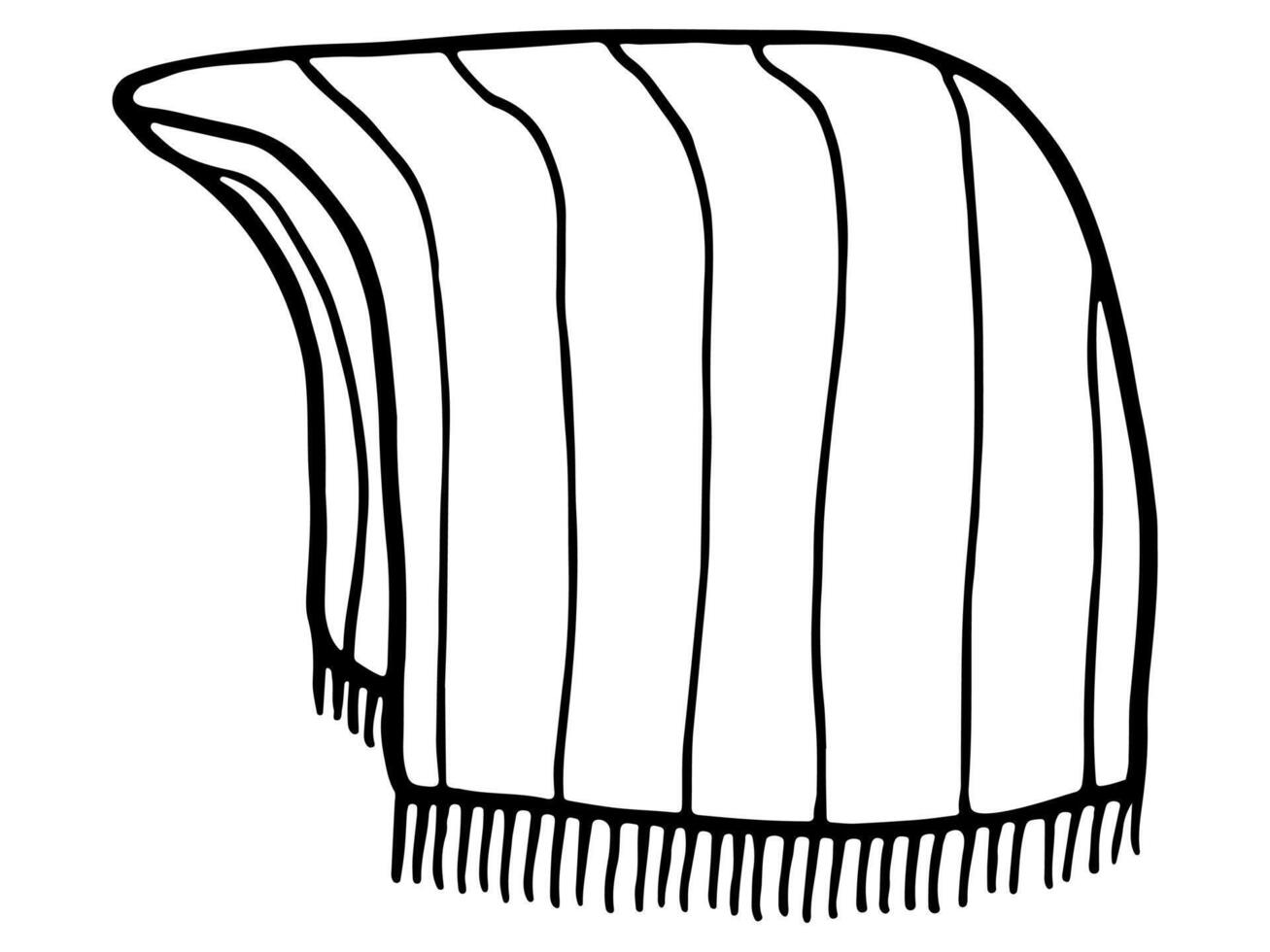 Folded blanket. Side view. Hand-drawn cozy winter element. Doodle style, isolated quilt on white. Cozy coverlet illustration. Fringe folded coverlid for bedroom, sofa, chair, patio, picnic. vector