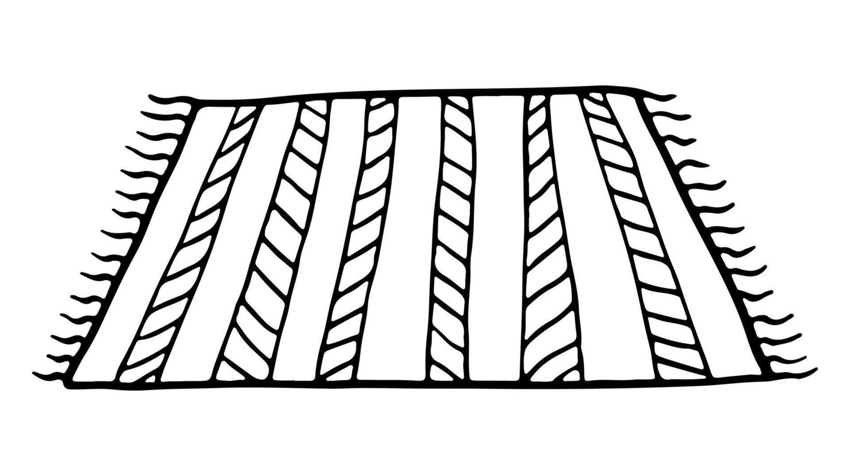 Cute hand drawn rug with fringe on white background. Element of the cozy home interior. Simple doodle clipart in a trendy minimalism style. illustration. Floor carpet with stripes. vector