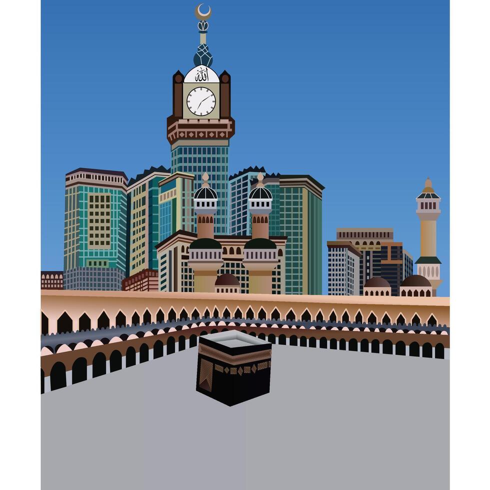 Kaaba and Grand Mosque, Mecca. The holy place for Muslims to carry out the Hajj pilgrimage. Islamic Hajj concept. Flat illustration. vector