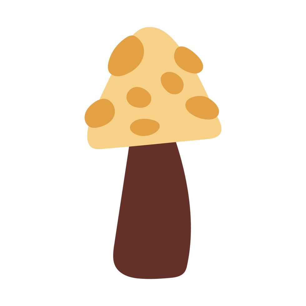 Hand draw brown autumn yellow fly agaric mushroom with yellow dots isolated on a white background.Single illustration in doodle flat style. Clipart cozy illustrations for print, packaging. vector