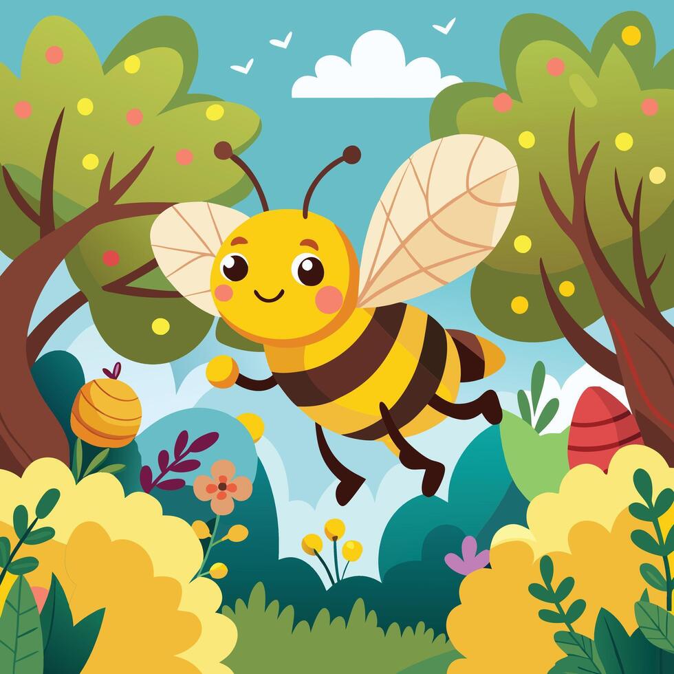 A cartoon bee flying through the forest vector