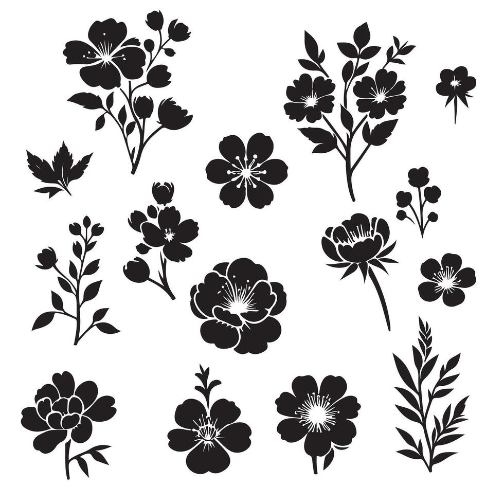 Silhouettes of blooming flowers set with white background vector