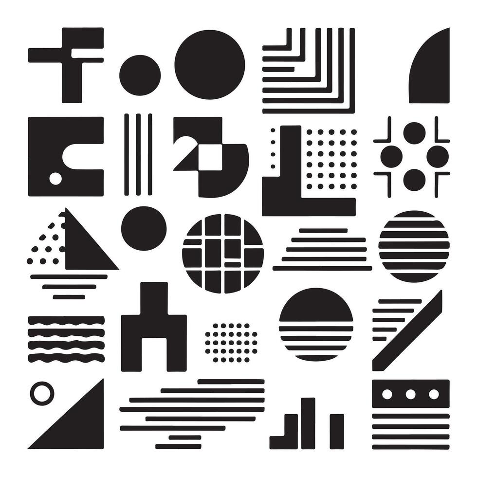 black Brutalist geometric shapes, modern symbols. Simple primitive elements and forms. Retro design, trendy contemporary minimalist style, y2k. illustration vector