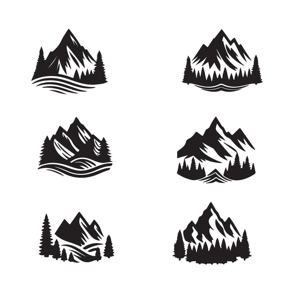 Set Mountain icons, Collection different types of Mountains Black with white background vector