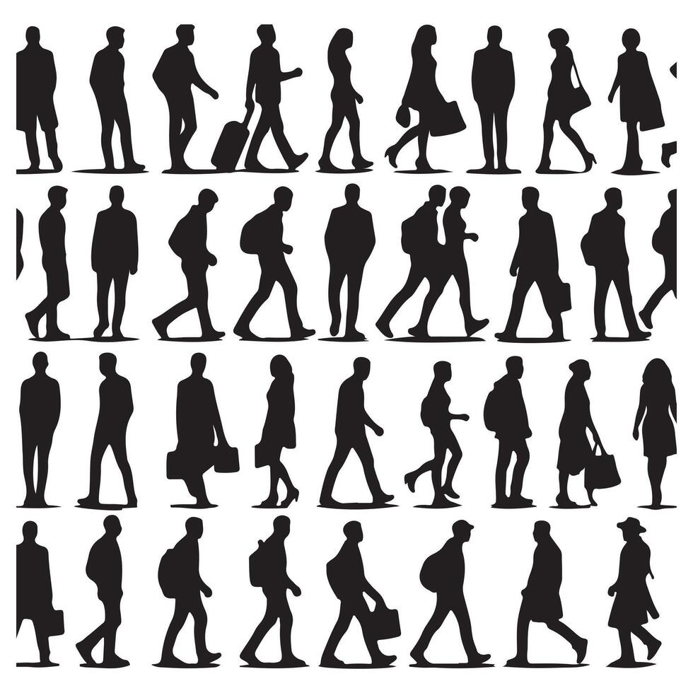 Silhouettes of people in various dynamic and walking set with white background vector