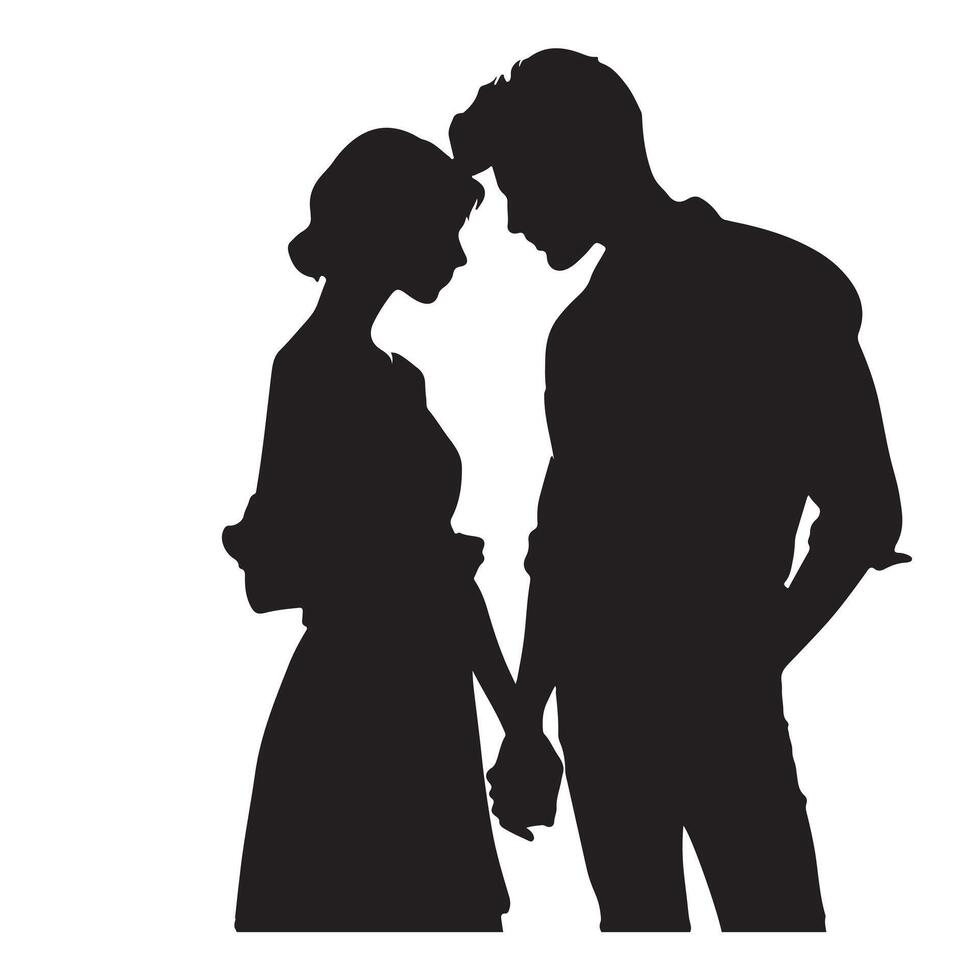Silhouette of a couple holding hands and leaning toward each other on a white background vector