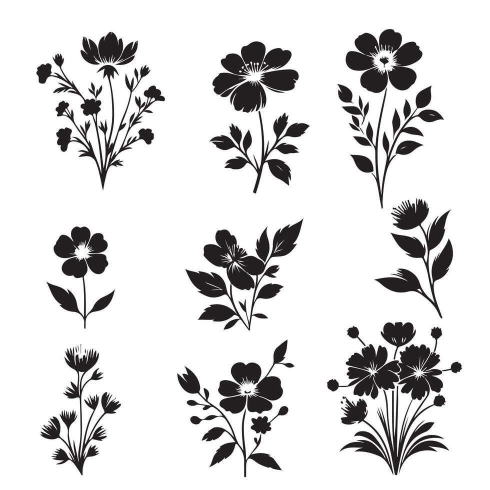 Silhouettes of blooming flowers set with white background vector