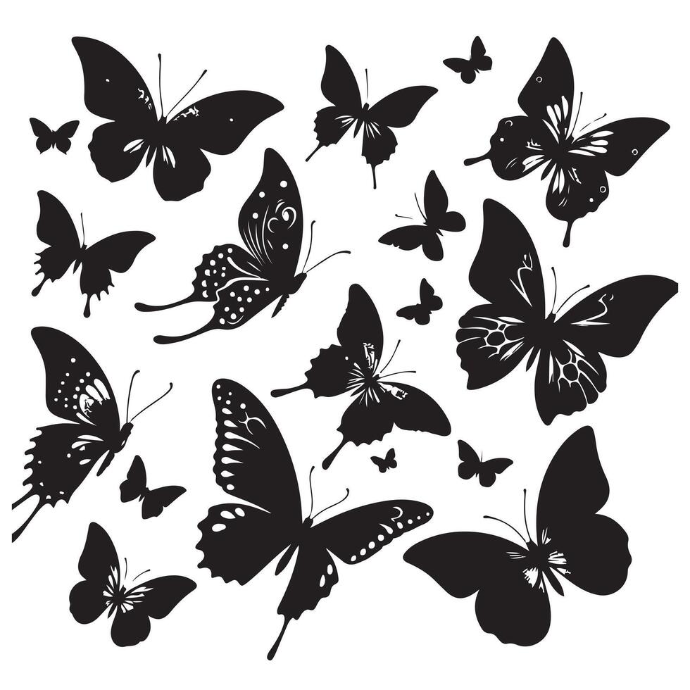 Flying butterflies silhouette black set isolated on transparent background vector