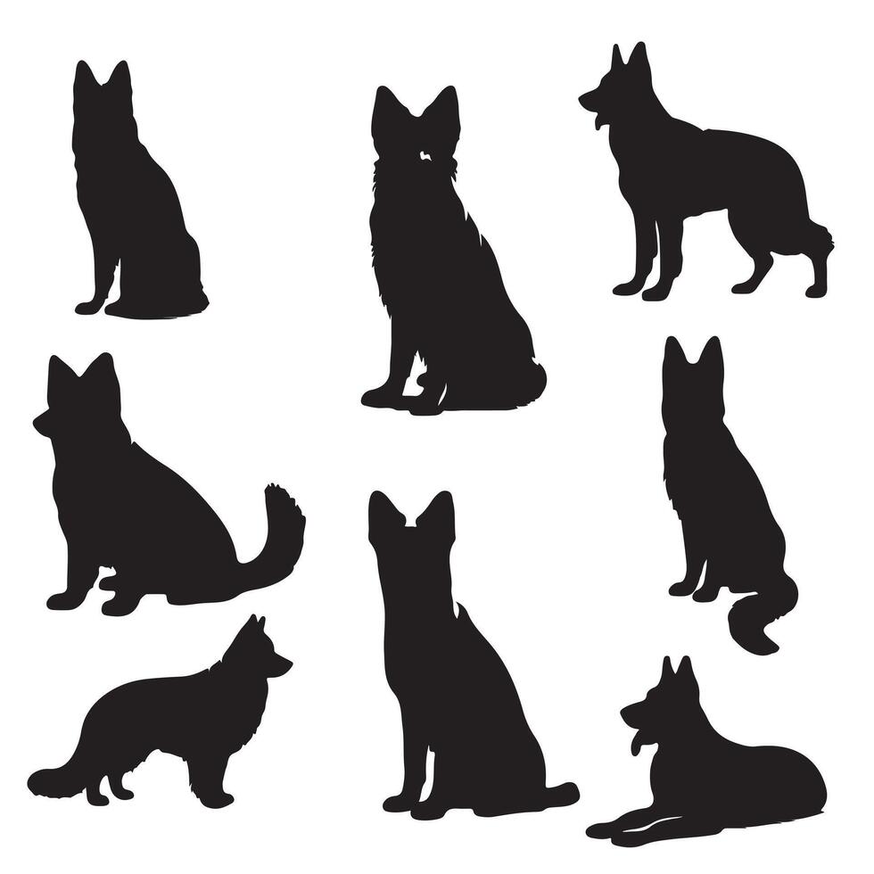 A set of German shepherd dog breed silhouette on white background vector