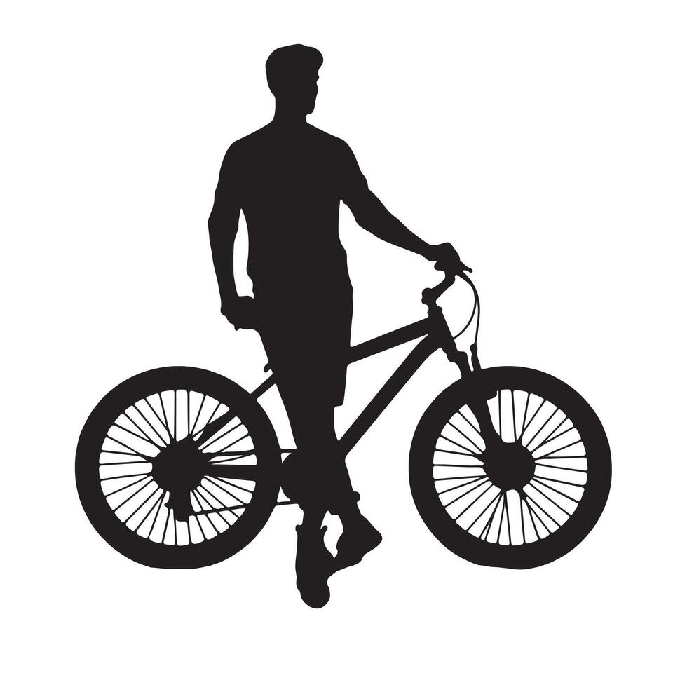 Silhouette of a bicycle with its rider standing beside it on a white background vector
