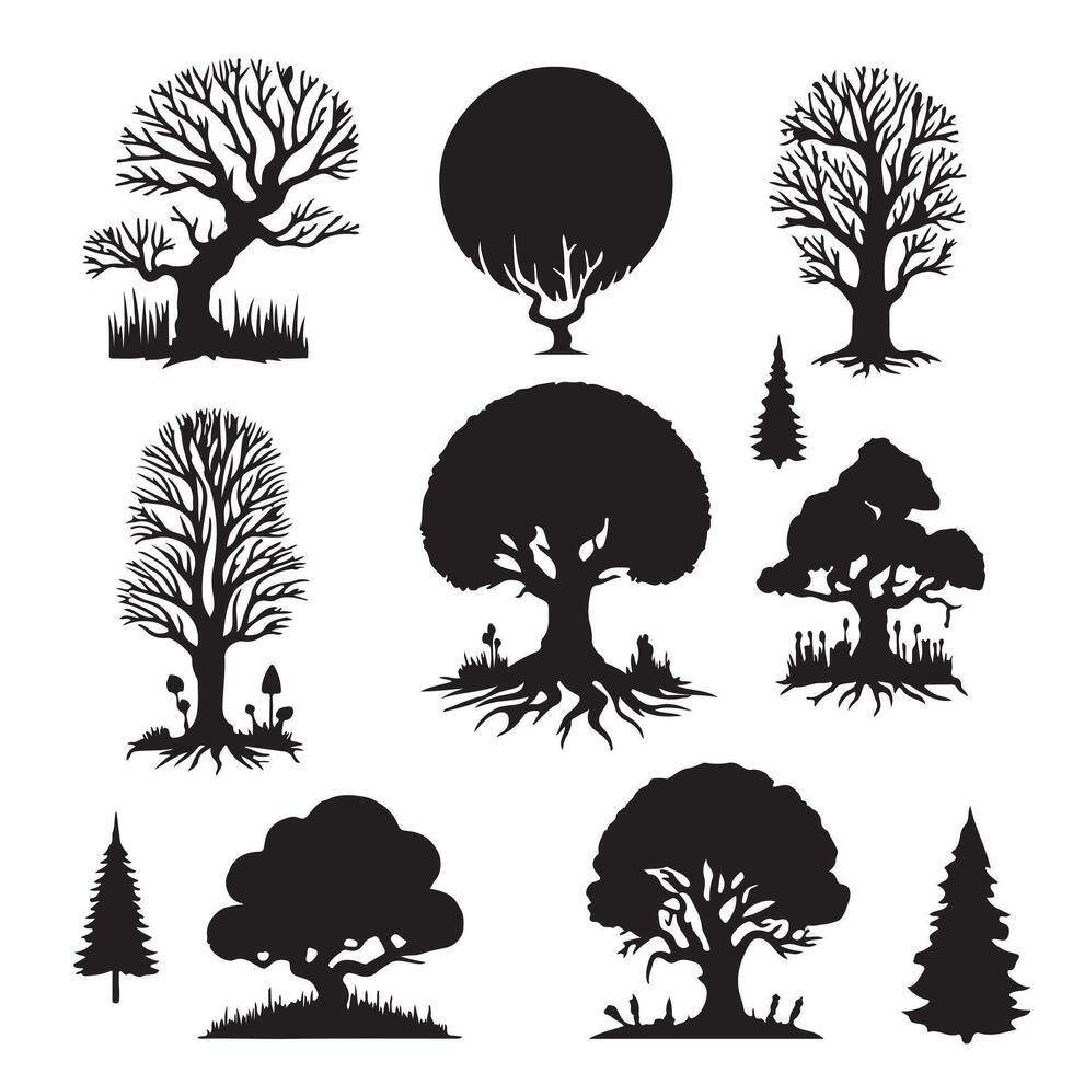 various deciduous trees silhouettes on the white background vector