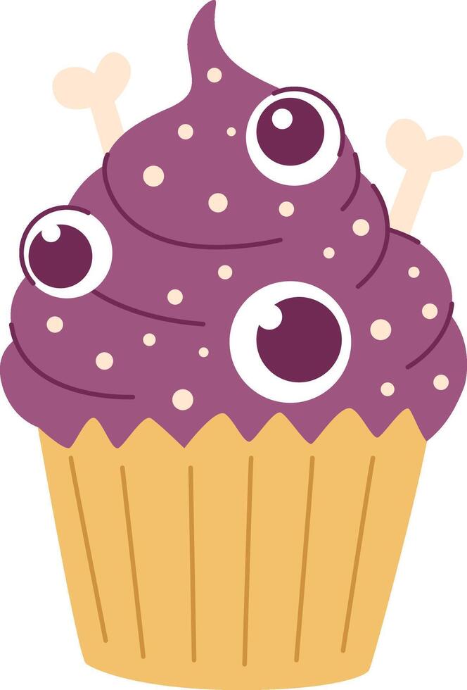 Cute Halloween muffin with eyes and bones. Festive cupcake in cartoon style. vector