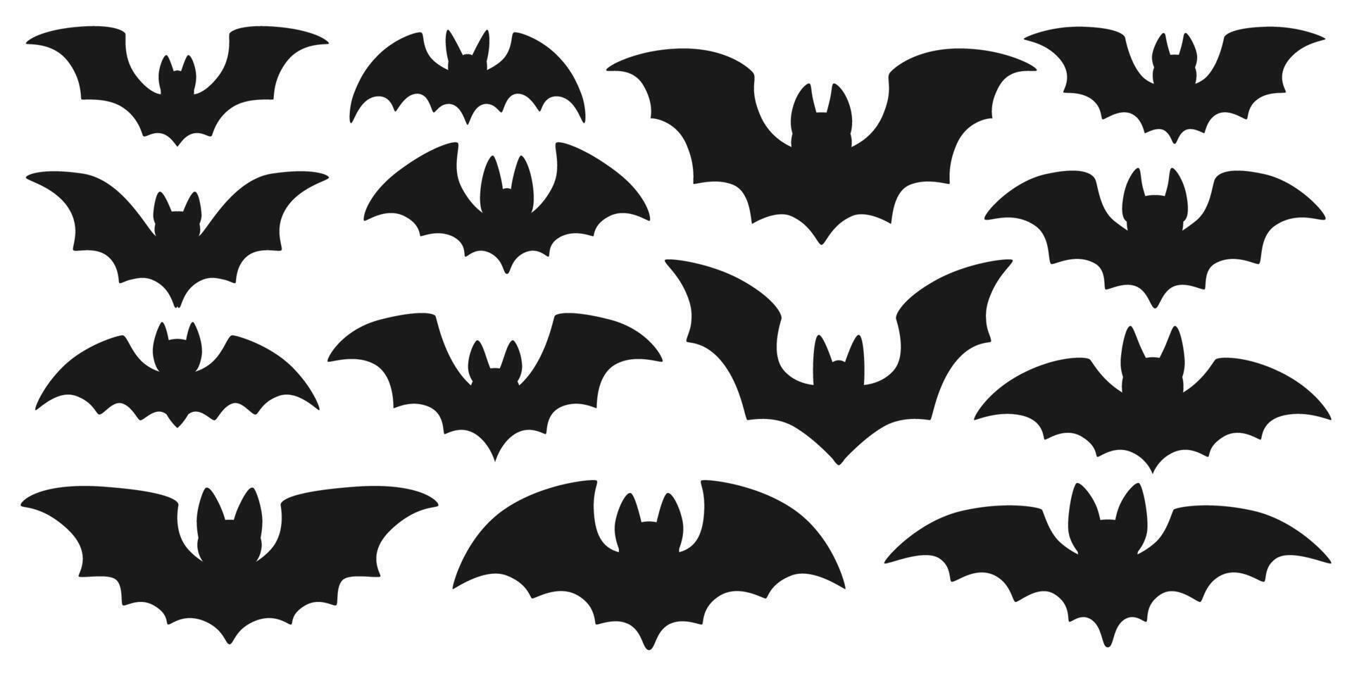 Halloween bats silhouettes collection in various flying poses, for Halloween themed design. Simple black bat shapes on white background. vector