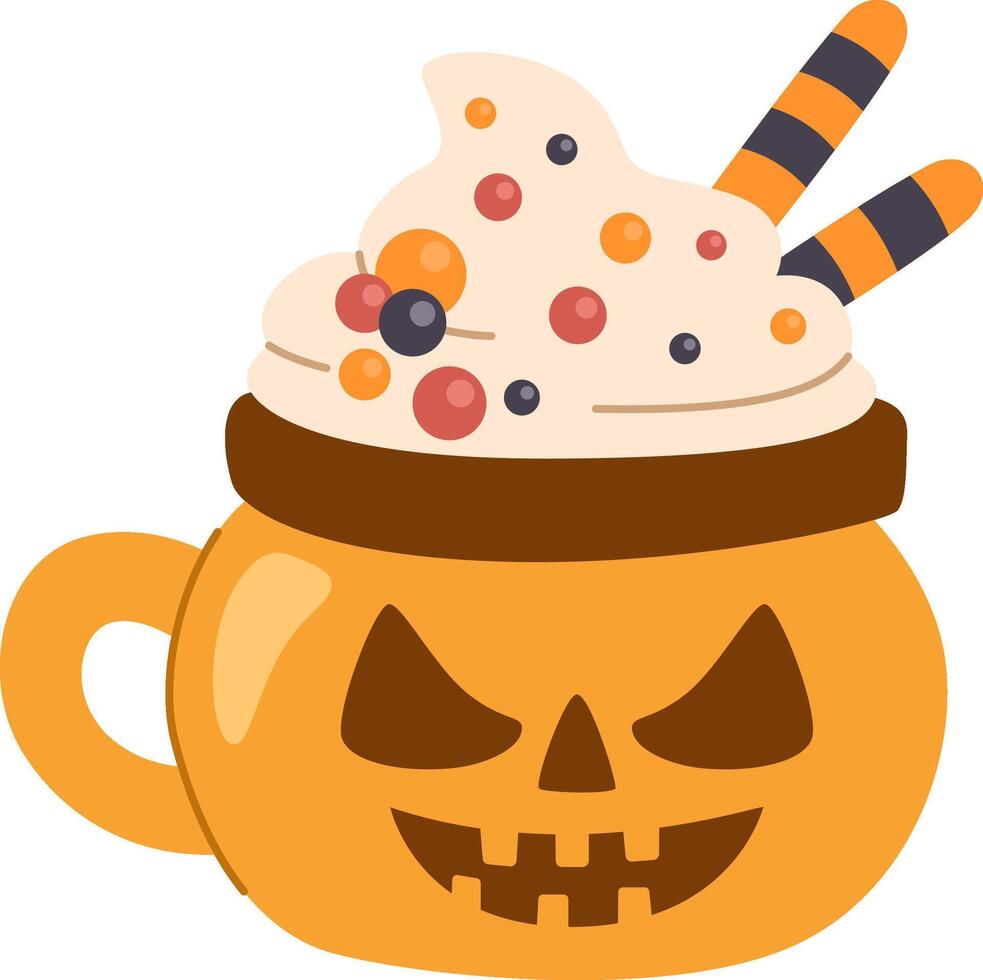 Halloween dessert drink with whipped cream and straws in a pumpkin cup. vector