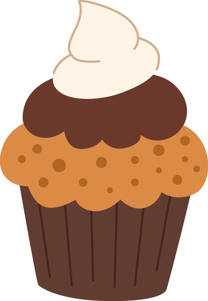 Cute Halloween muffin with chocolate and whipped cream. Festive cupcake in cartoon style. vector