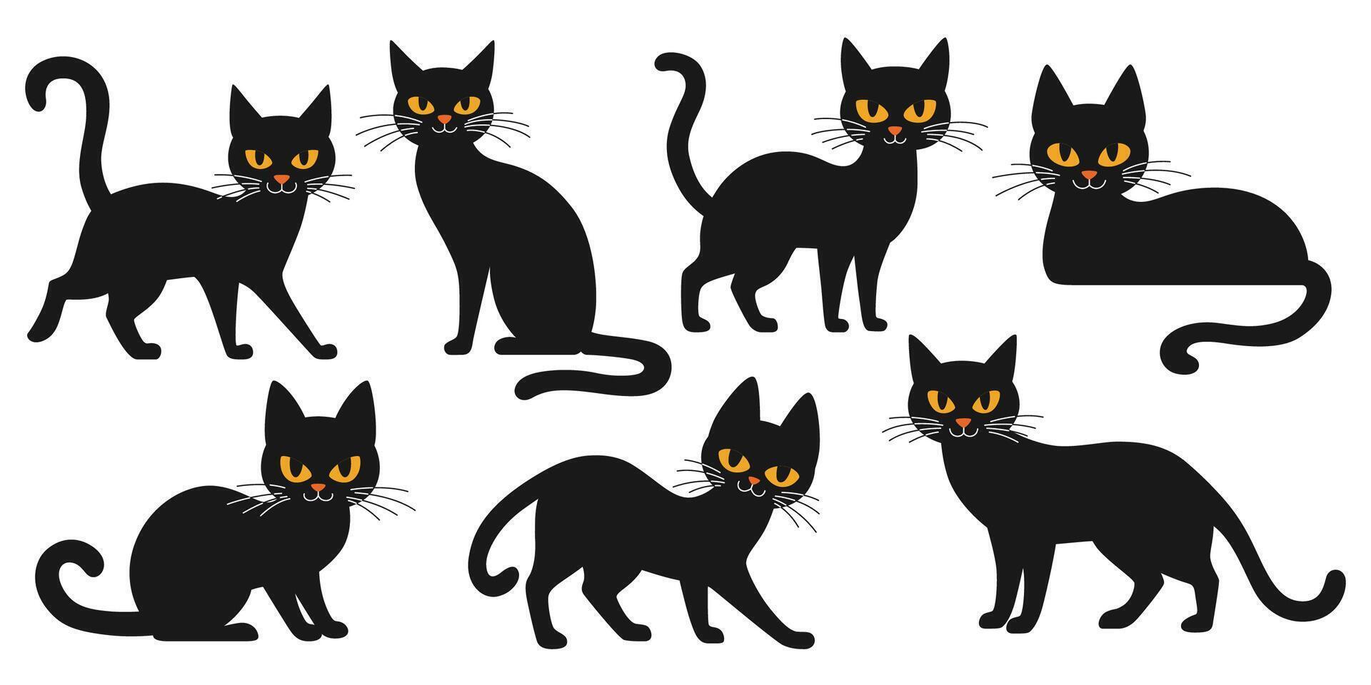 Vintage black cats silhouettes set for Halloween and other. Retro cat shapes isolated on white background. vector