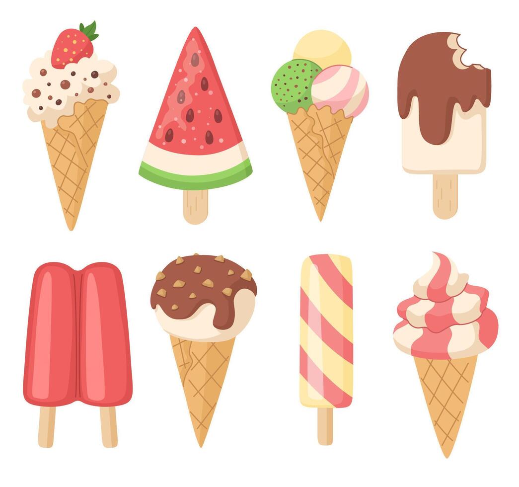 Ice cream cartoon set. Cones, fruit ice, and other. White background. vector