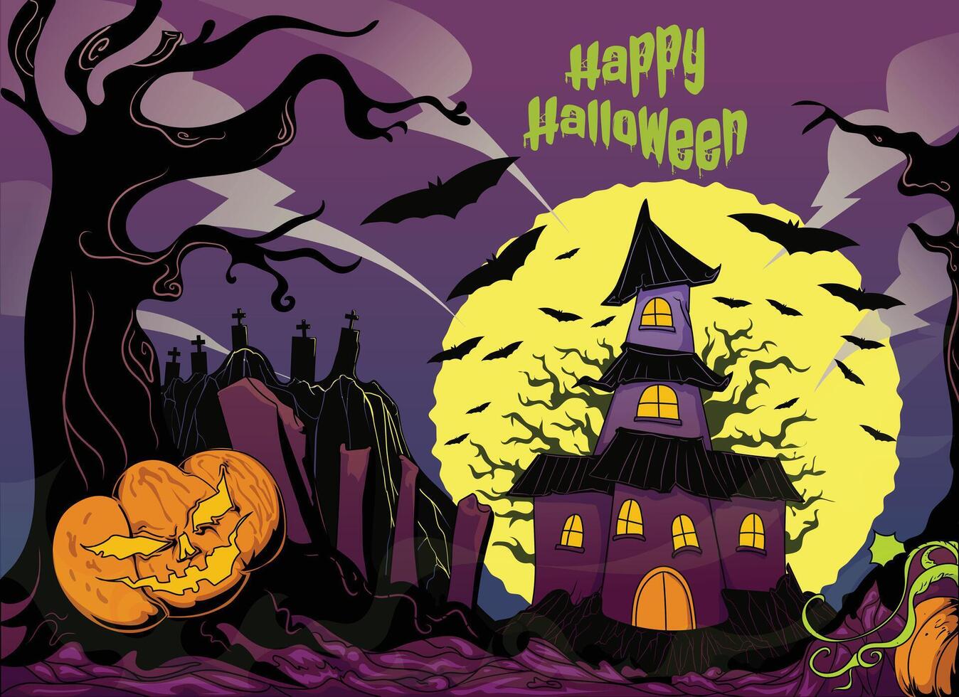 a poster for halloween with a house on the front and the words happy halloween on the front. vector