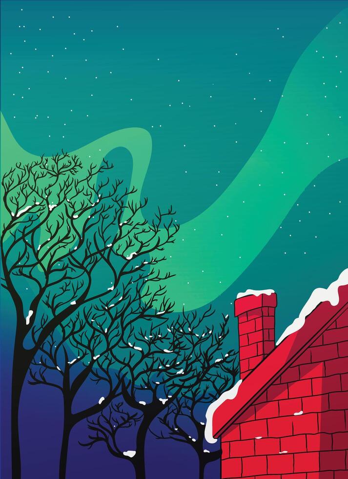 background illustration of night sky with stars and aurora, and house with snowy chimney vector