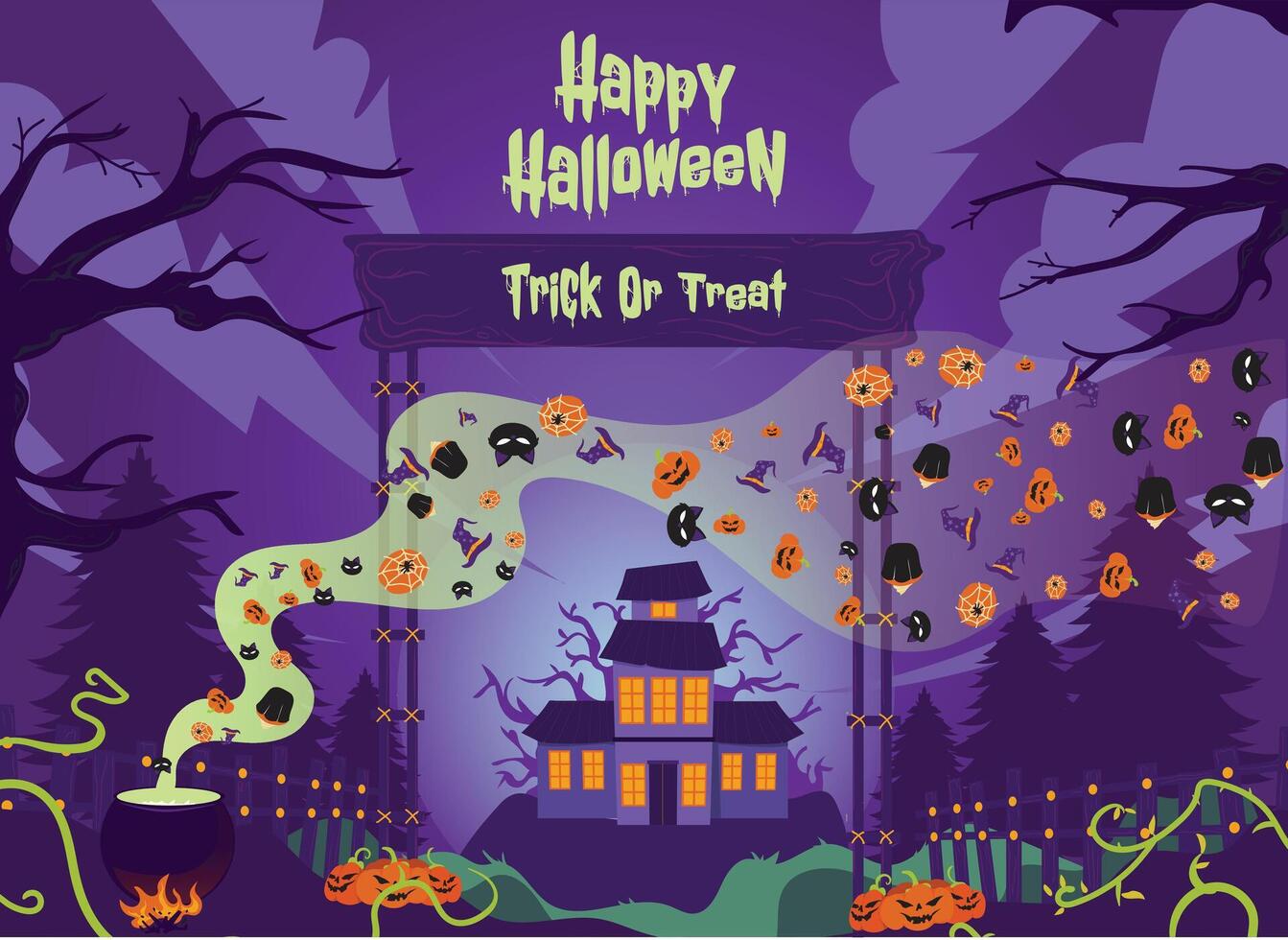 Fun Halloween banner or party invitation background with foggy clouds, haunted house, dried trees and pumpkins vector