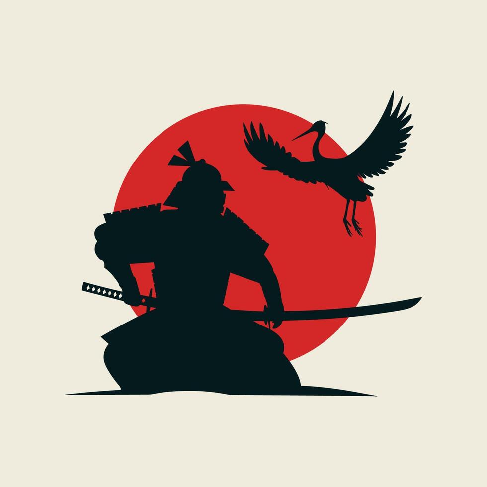 A silhouette of a samurai with a sword and crane vector
