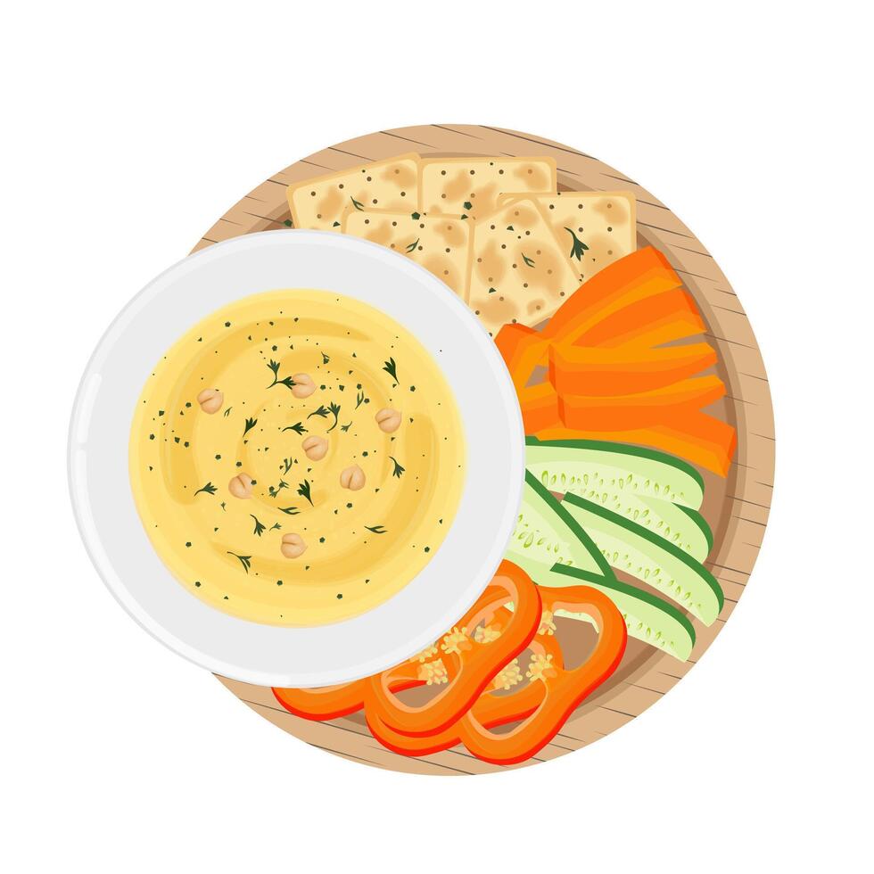 Illustration Logo Clipart Top View Healthy Food Vegan Hummus with Pita Bread vector