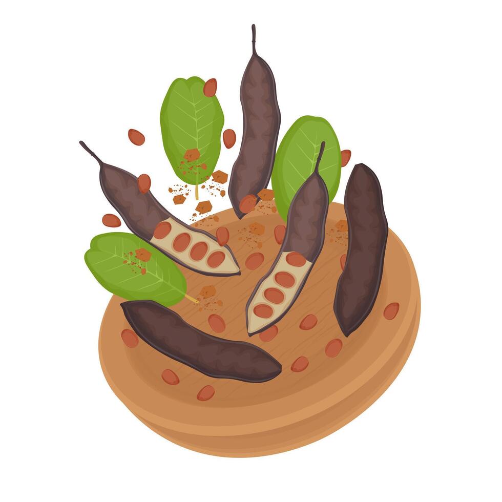 Illustration Logo Clip art Levitation Carob pods or Ceratonia Siliqua on a Wooden Bowl vector