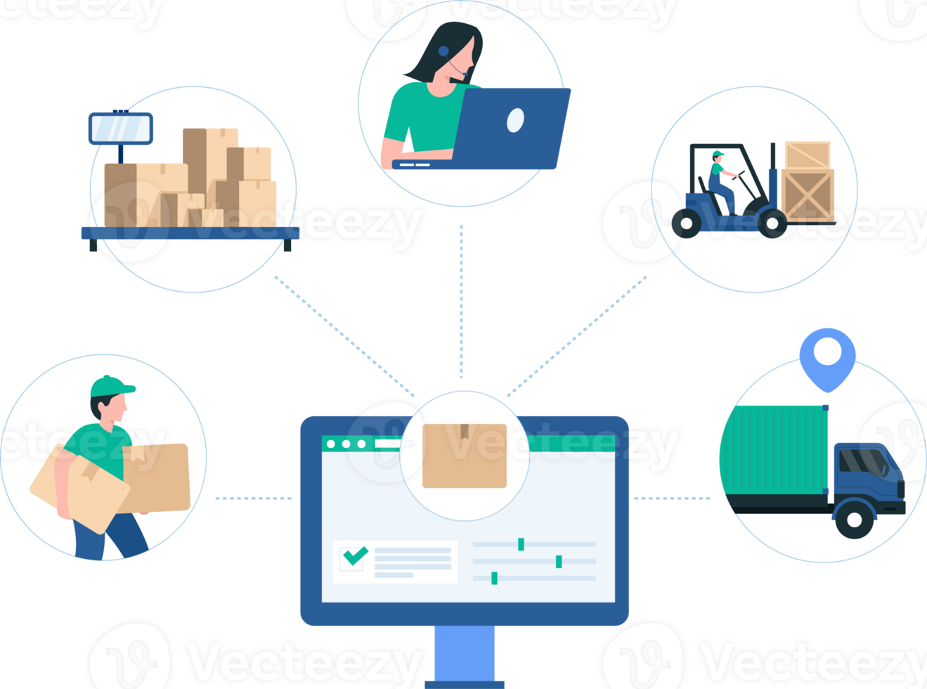 Warehouse Inventory Control System and Technology. Highlighting advanced systems for inventory management, tracking, and logistics. Illustration png