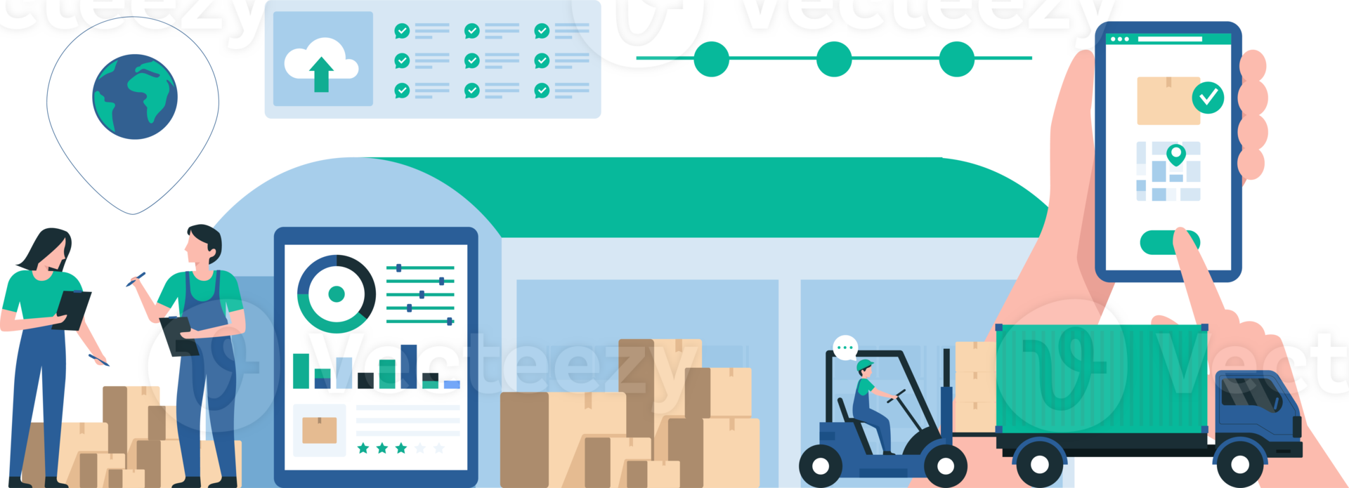 Modern Logistics Warehouse with Efficient Inventory Management. Supply Chain Operations Using Advanced Technology for Warehouse. Illustration png
