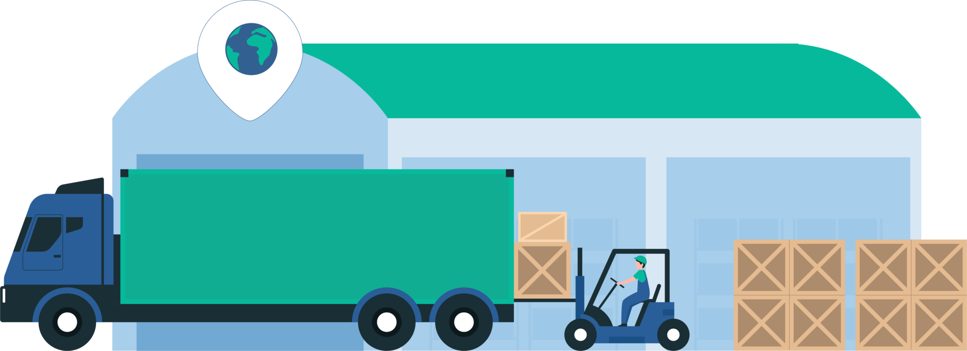 Forklift Loading Pallets into a Bus at a Distribution Center. Efficient Material Handling for Logistics, Supply Chain, and Distribution Operations with Pallet Transportation. Illustration png