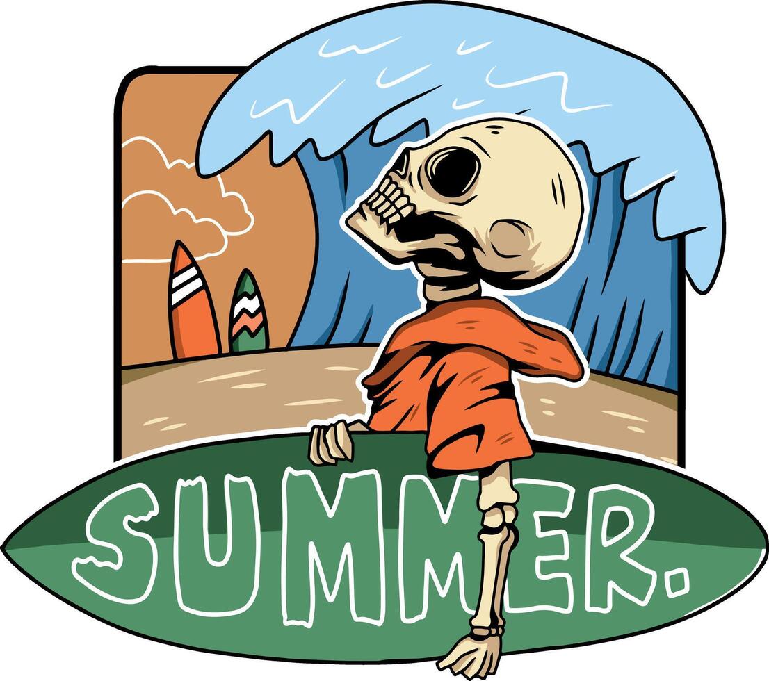 A Skeleton enjoying the summer time at beach holding a surfing board vector