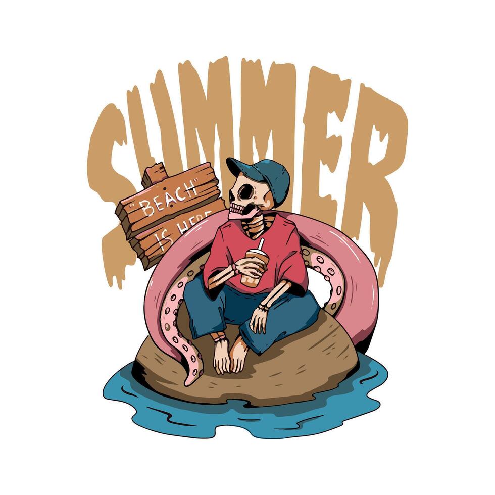 A skeleton chilling out on a beach while holding a cup of water, and there is a tentacle of giant octopus on the background vector