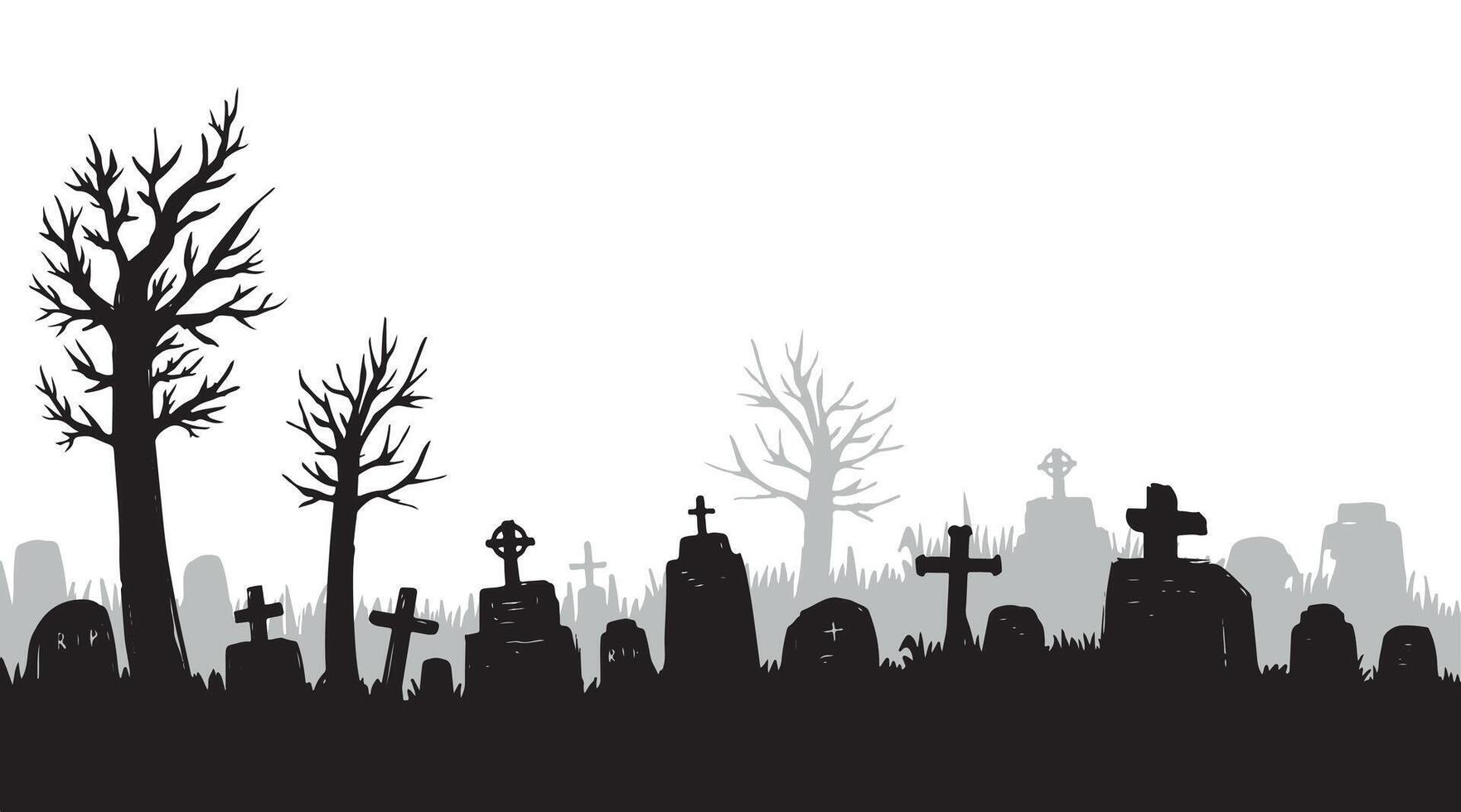 Old cemetery silhouette, abandoned graveyard in Halloween night, vector