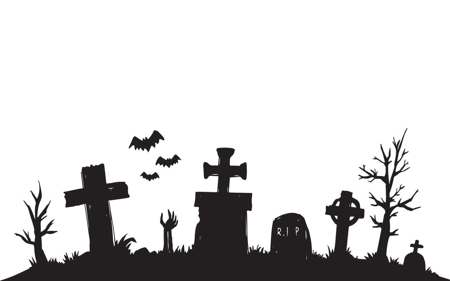 Old cemetery silhouette, abandoned graveyard in Halloween night, vector