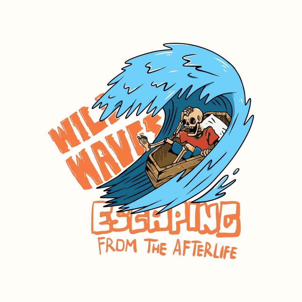 A skeleton in a coffin and surfing on big waves. Suitable for t shirt design, poster, print, etc vector