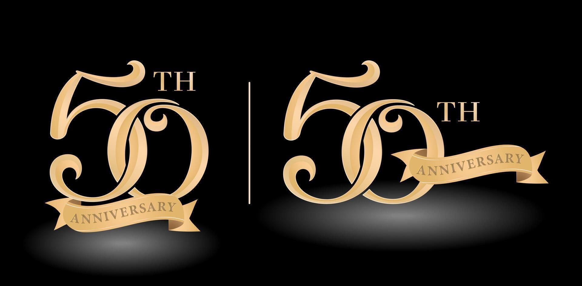 50th anniversary logo with golden numbers and ribbon vector