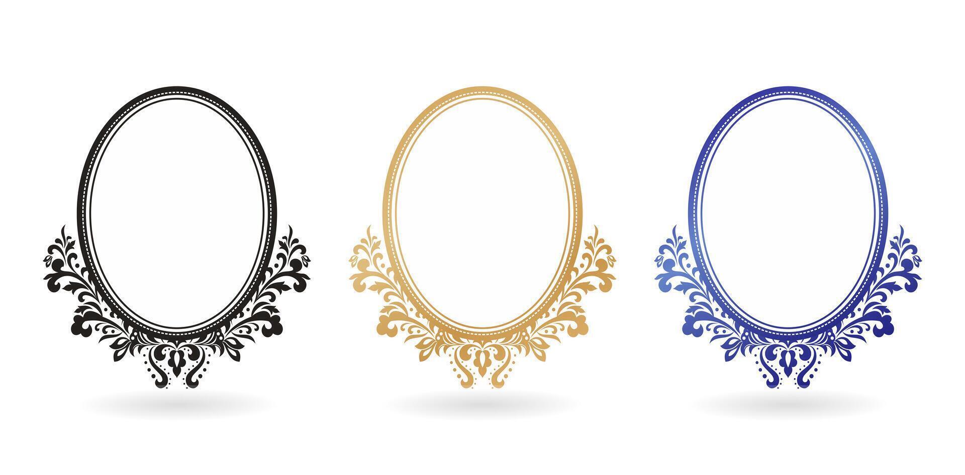 three oval frames with ornate decorative designs isolated white backgrounds for paintings, mirrors or photo, paper craft printable designs, wedding invitation emblem cover, stationery design materials vector