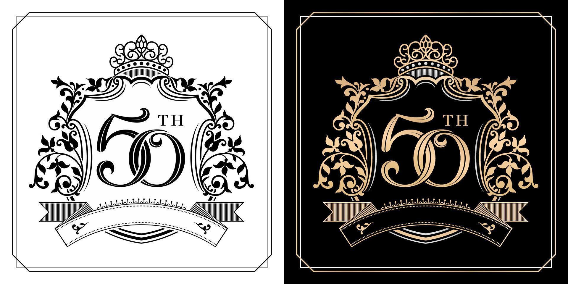 50th Golden anniversary symbol with royal crown emblems, two variation gold and monochrome design isolated black and white backgrounds. applicable for greeting cards, invitation vector