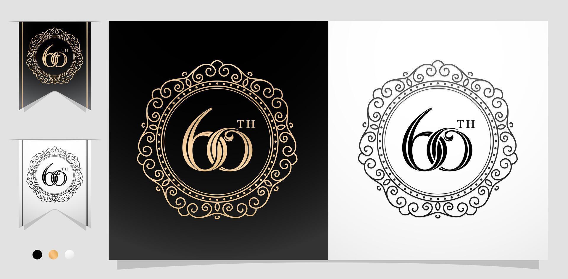 60th anniversary logo design template with ornate frame circular vector