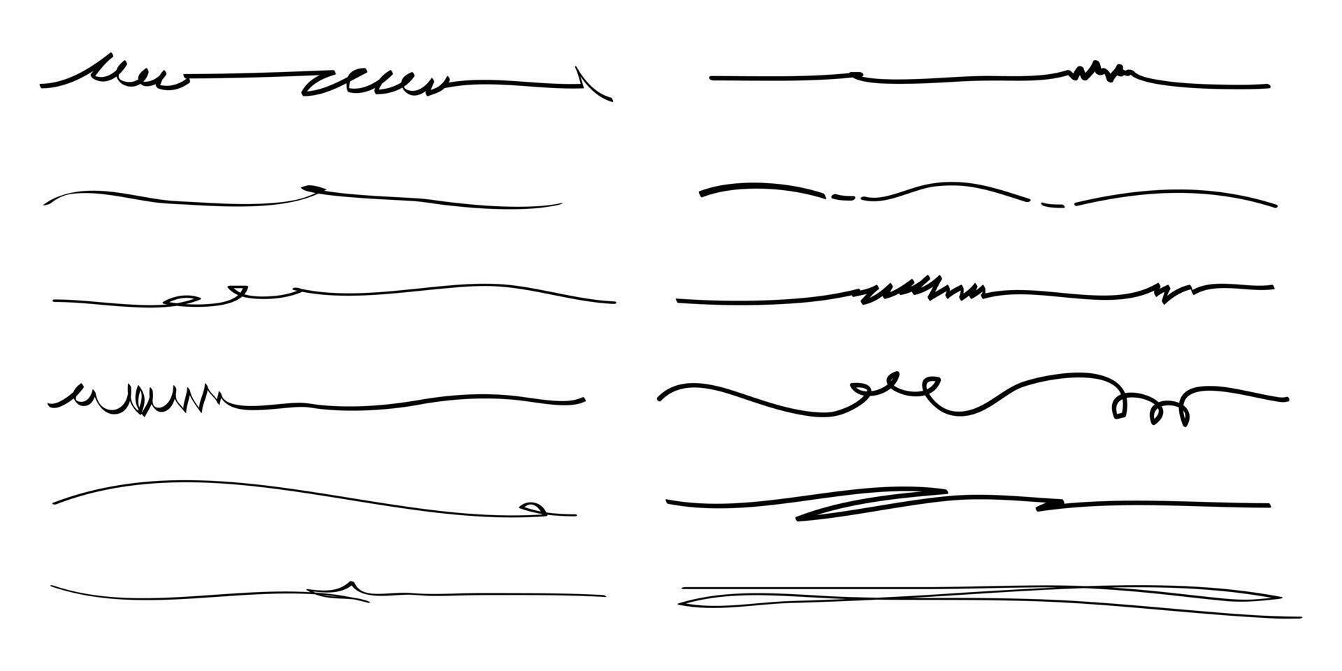 Hand drawn set of underline, curly swishes, swashes, swoops. swirl. Highlight text elements vector
