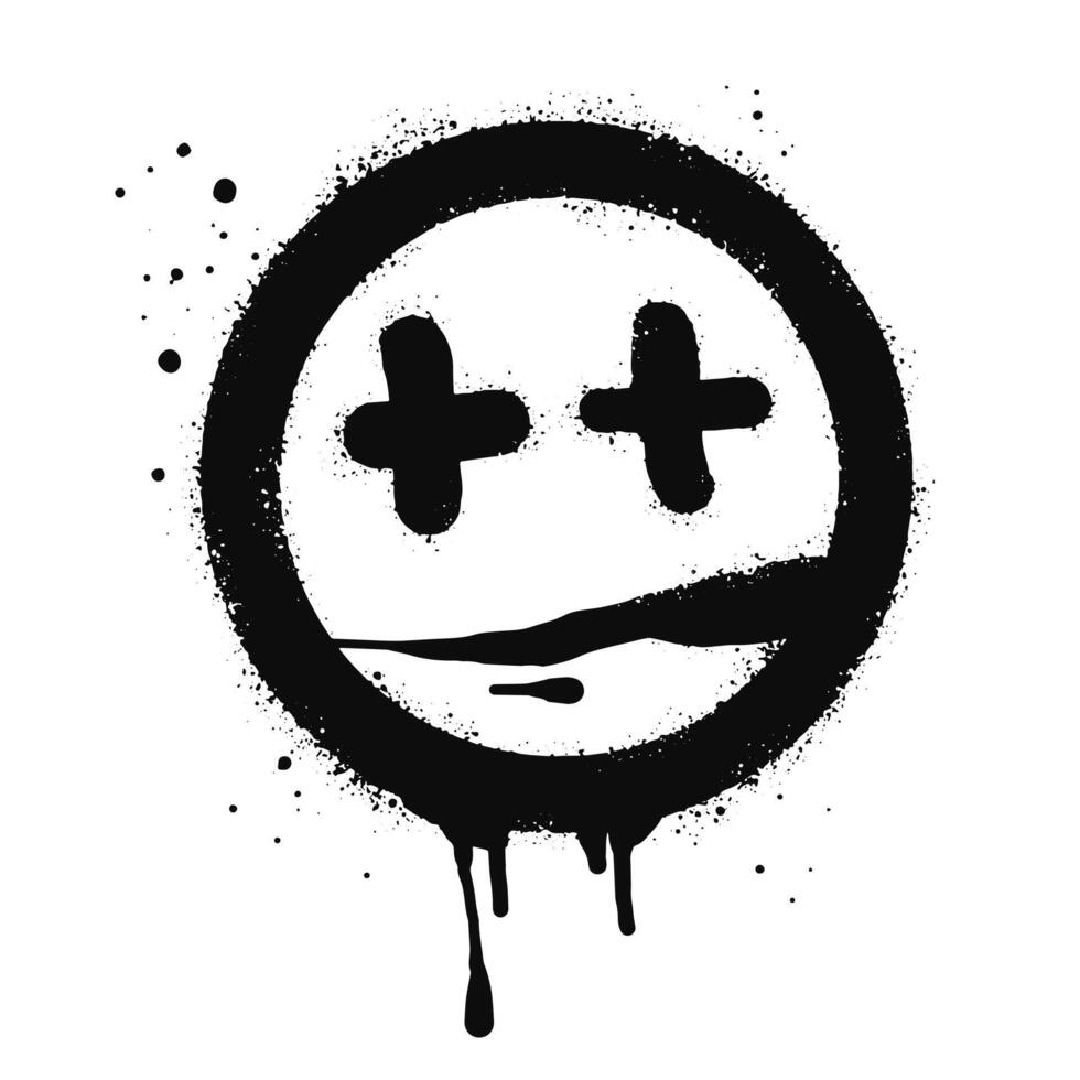 Scary sick face emoticon character. Spray painted graffiti Sad face in black over white. isolated on white background vector