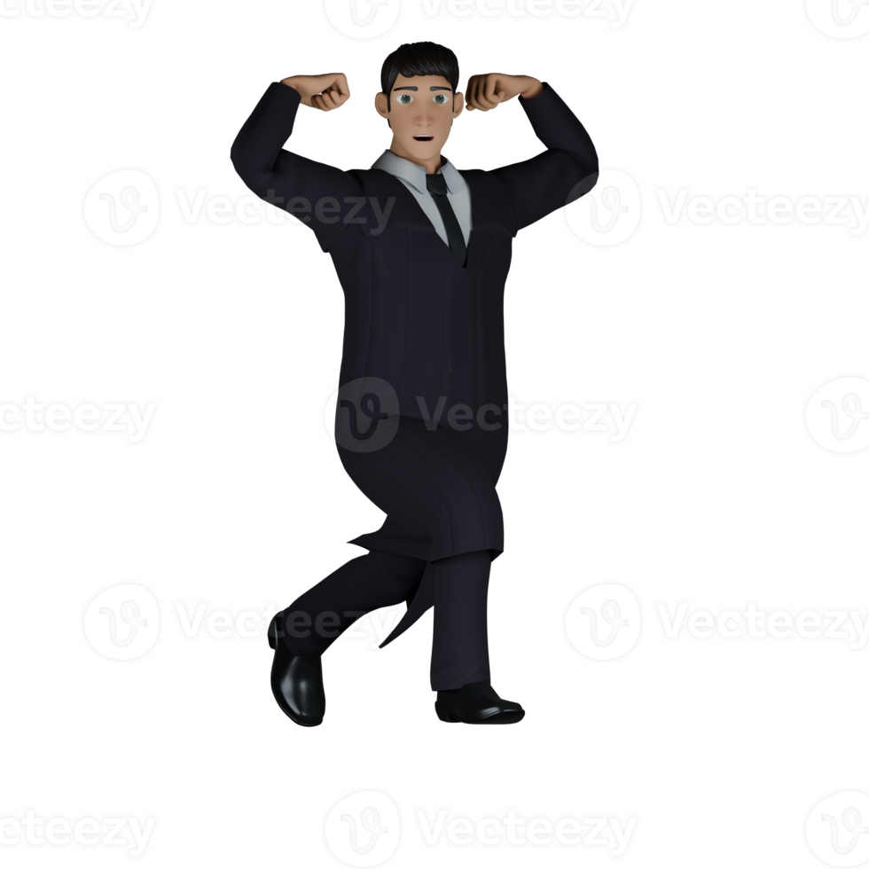 3D Judge Male in Professional Setting. A male judge with both of his arms bent upwards, which appears to be showing strength or showing enthusiasm. Judicial png