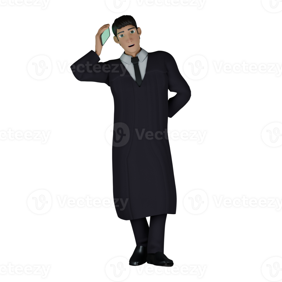 Judge in 3D. A male judge who appears to be leaning and his right hand is holding a telephone, while his left hand is hidden behind his body. Male Professional png