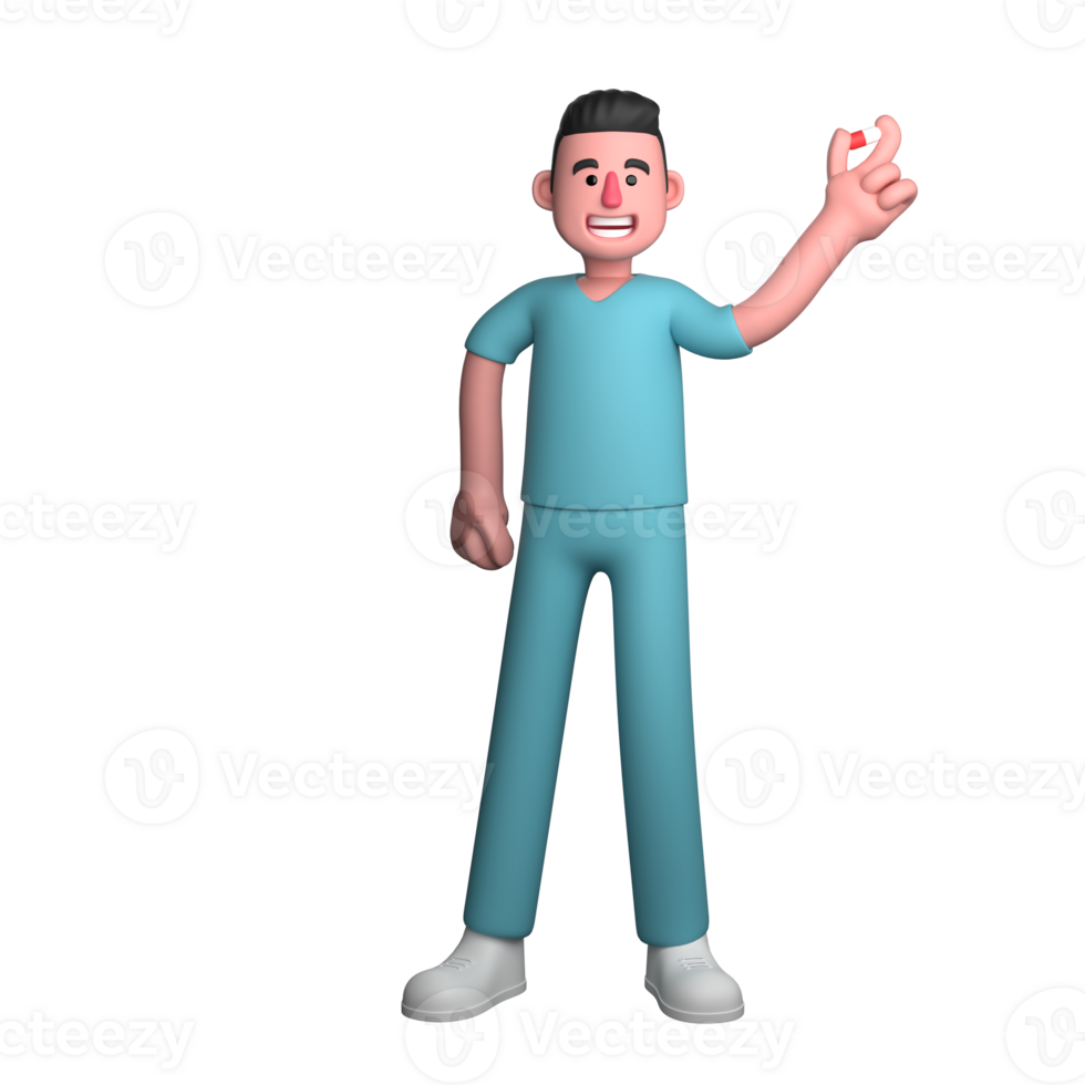 Nursing 3D . A male nurse is standing holding a medicine capsule in his left hand while smiling. Professional Male Nurse png