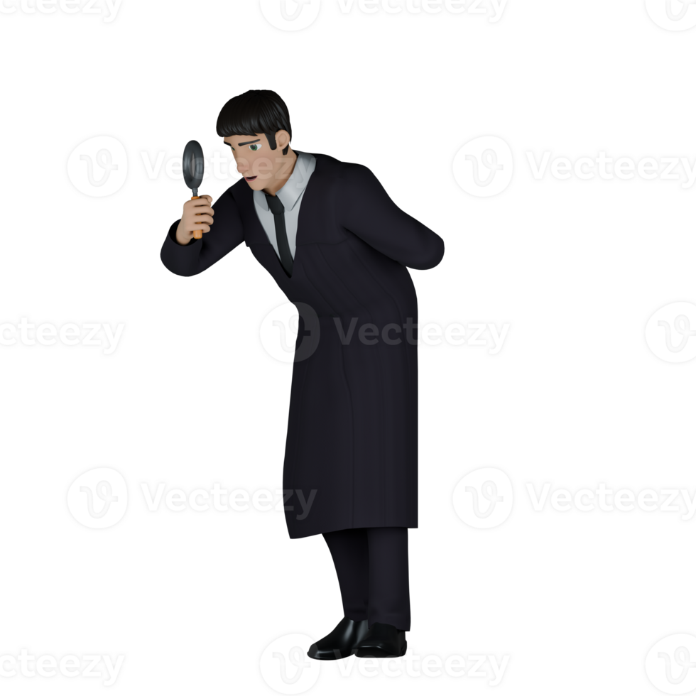 Cartoon Style Courtroom Judge. A male judge stands with his body bent over and his right hand is holding a magnifying glass while his left hand is behind his body. 3D Male png