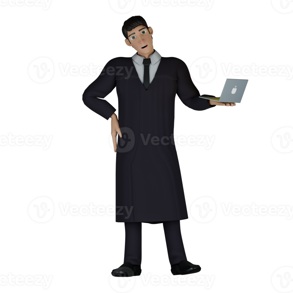 Professional 3D Male Judge. A male judge stands with his right hand on his waist while his left hand is slightly stretched while carrying a laptop. Legal Character png