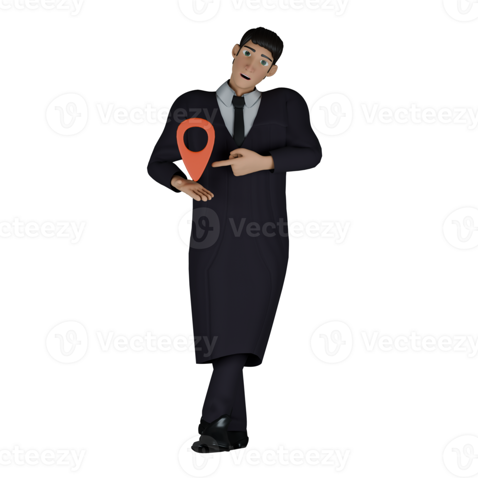 3D Male Judge in Courthouse. A male judge is standing, pointing with his left hand to the location icon he is holding in his right hand. Professional Character png