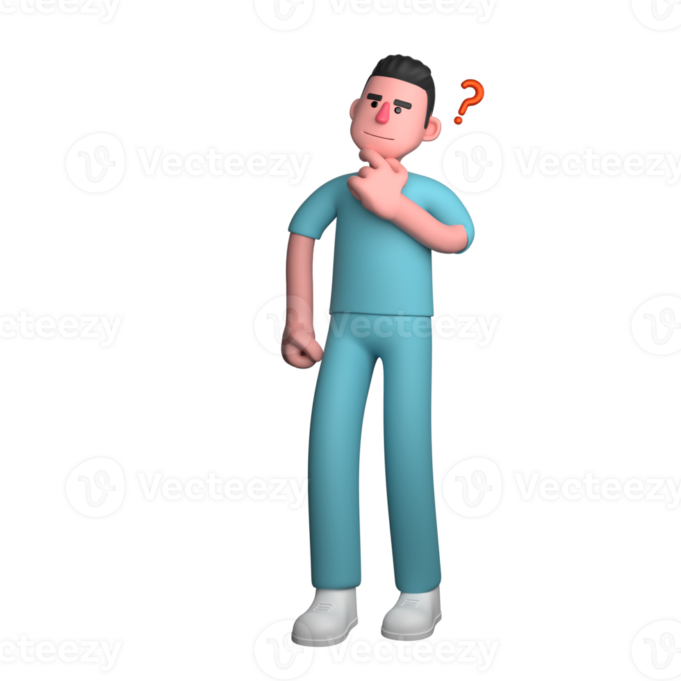 Professional Male Nurse 3D Art. A male nurse is standing with his left index finger on his chin and beside his head there is a question mark symbol, as if he is confused thinking about something. png