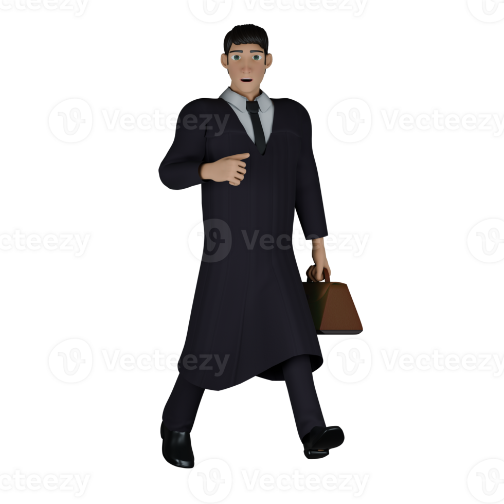 3D Cartoon of Male Judge. A male judge looks like he is walking with his left hand carrying a briefcase. Professional png