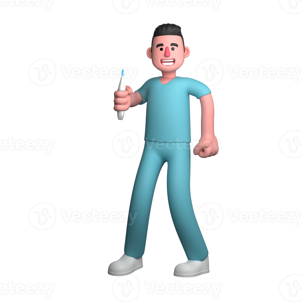 von ein Fachmann männlich Krankenschwester. ein männlich Krankenschwester ist Stehen mit seine richtig Hand halten ein Digital Thermometer. 3d Gesundheit Arbeiter png